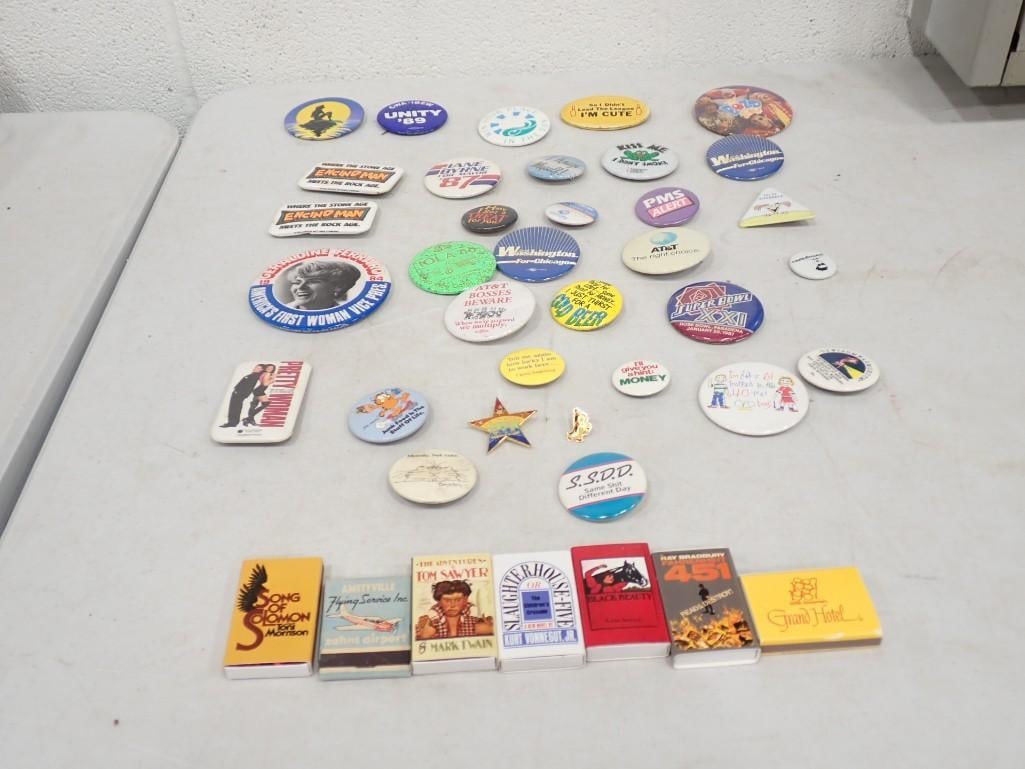 Lot of Pin Back Buttons, etc incl Geraldine Ferraro, Political Buttons, Advertising Match Boxes, etc (1 of 6)