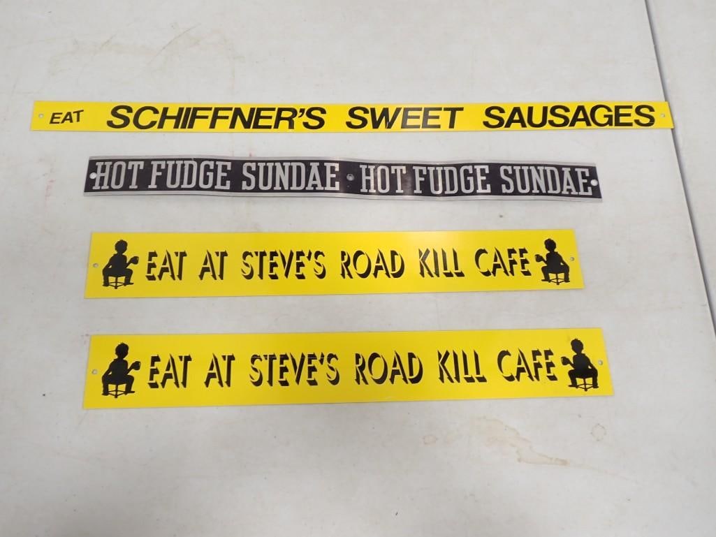 Novelty Signs including 'Eat at Steve's Road Kill Cafe', Hot Fudge Sundae, Eat Shiffner's Sweet Saus: Novelty Signs including 'Eat at Steve's Road Kill Cafe', Hot Fudge Sundae, Eat Shiffner's Sweet Sausages Live Auctioneers is now offering Live Shipping through them.? This is an option