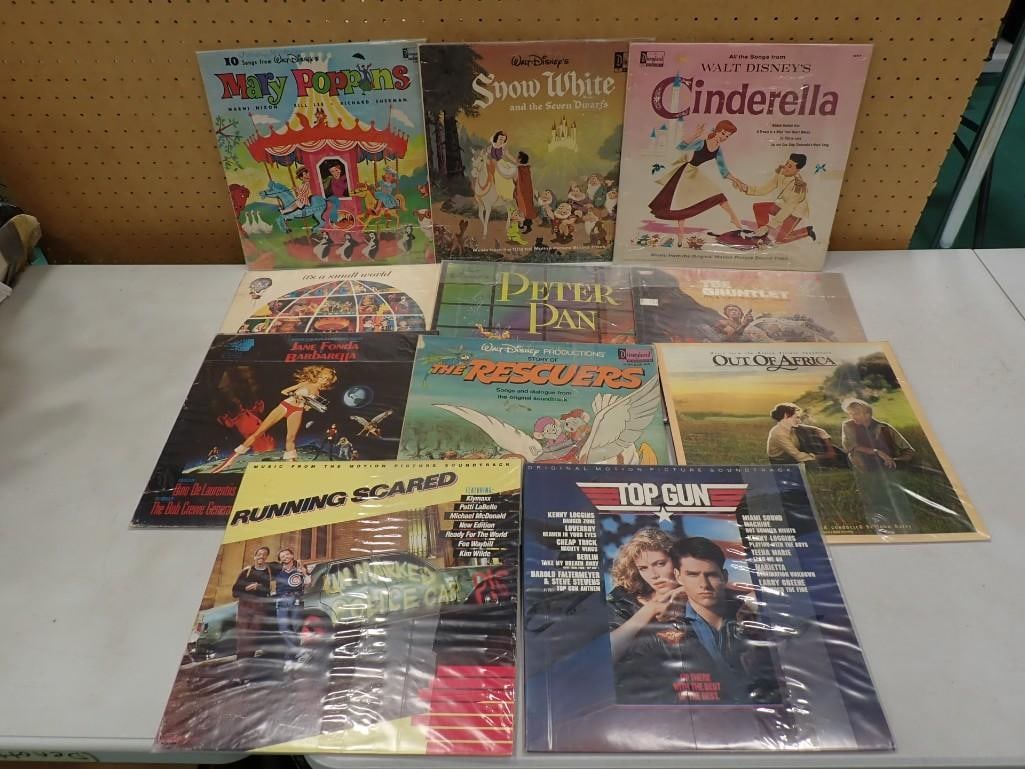 Lot of Vinyl Records incl Top Gun Original Motion Picture Soundtrack, Running Scared, Barbarella,: Lot of Vinyl Records incl Top Gun Original Motion Picture Soundtrack, Running Scared, Barbarella, Walt Disney's The Rescuers, Out of Africa, Peter Pan, The Gauntlet, Snow White and teh Seven Dwarf