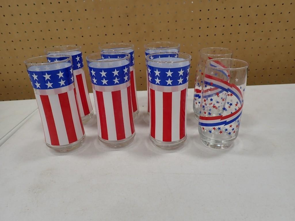 8 Patriotic Flag Glasses or Tumblers: 8 Patriotic Flag Glasses or Tumblers .? Includes 2 different styles All pictures are considered part of the description and should be examined carefully by bidders. Live Auctioneers is now offering Li