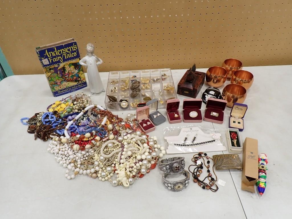 Large lot of Costume Jewelry, Copper Drinking Glasses, Figurine, Andersen's Fairy Tales Book, etc: Large lot of Costume Jewelry, Copper Drinking Glasses, Figurine, Andersen's Fairy Tales Book, etc All pictures are considered part of the description and should be examined carefully by bidders. L