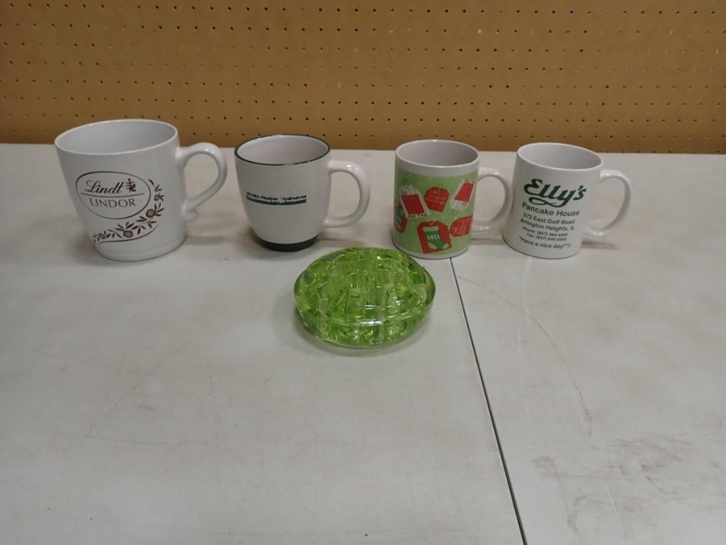 Uranium Glass Flower Frog (chipped) plus some coffee mugs: Uranium Glass Flower Frog (chipped) plus some coffee mugs