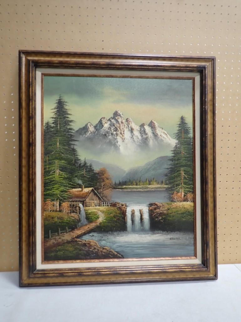 Framed Country Mountain Water Fall Painting Signed H. Footer (1 of 5)