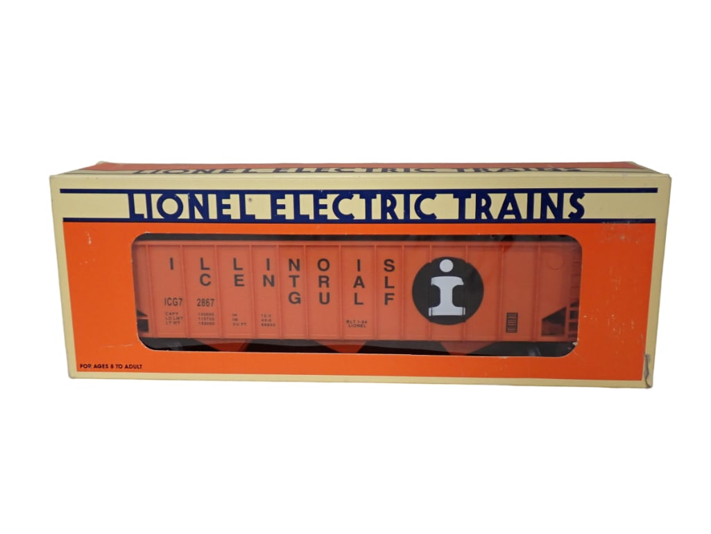 Lionel Illinois Central Gulf 3-Bay Hopper ICG #2867 O Gauge in Original Box: Lionel Illinois Central Gulf 3-Bay Hopper ICG #2867 O Gauge in Original Box All pictures are considered part of the description and should be examined carefully by bidders. Live Auctioneers is now off
