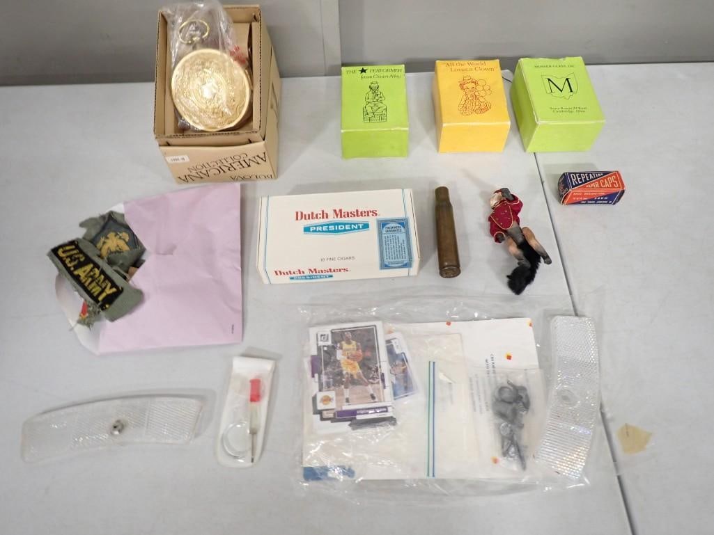 Misc. Lot including Mosser Glass Clowns, Military Patches, Cigar Box, Sports Cards, pocket watch, et (1 of 9)