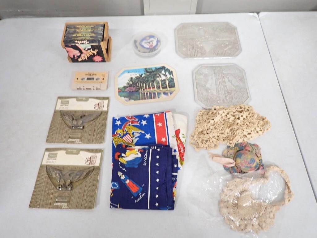 Misc. Lot including Bicentennial Handkerchief, Eagle Emblems, Souvenir Placemats, Shadows Box Set: Misc. Lot including Bicentennial Handkerchief, Eagle Emblems, Souvenir Placemats, Shadows Box Set, etc.