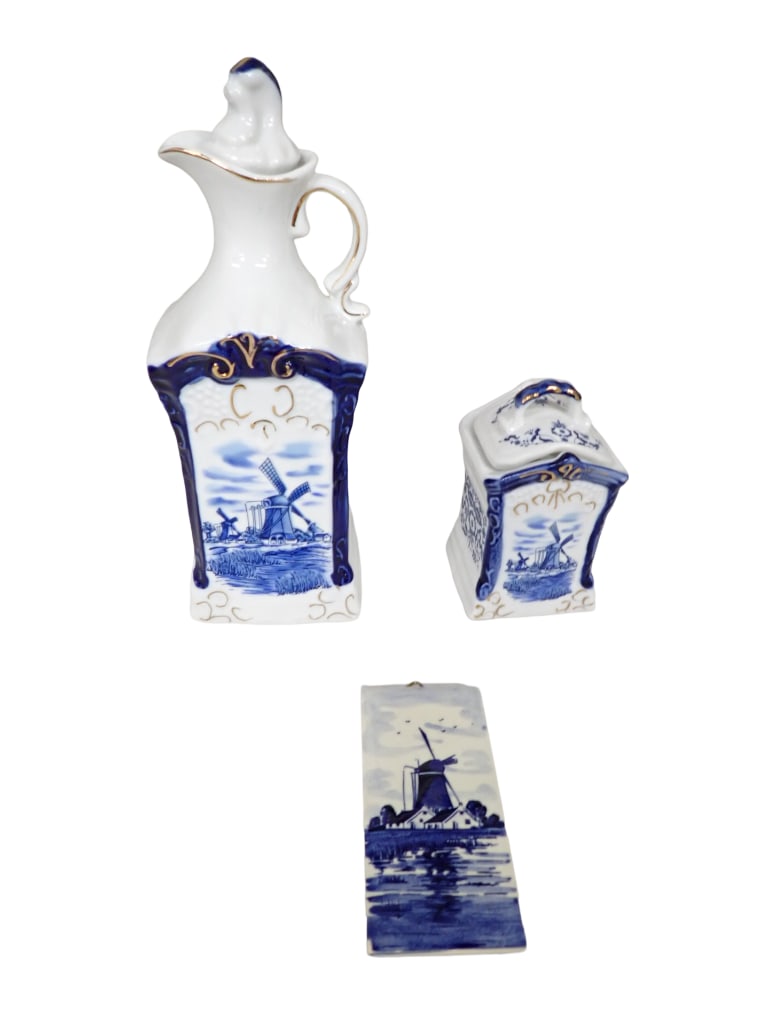 3 Delft Style Items incl a Cruet, a Wall Plaque, and a Small Spice Canister or Sugar Bowl (1 of 7)