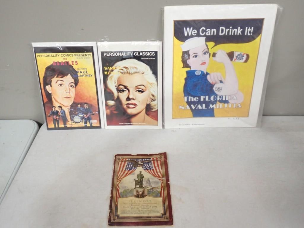 Personality Comics - Marylin Monroe and Paul McCartney / Beatles, Pabst Blue Ribbon Rosie the Rivete: Personality Comics - Marylin Monroe and Paul McCartney / Beatles, Pabst Blue Ribbon Rosie the Riveter Wall Hanging, Vintage Illinois Pamphlet 