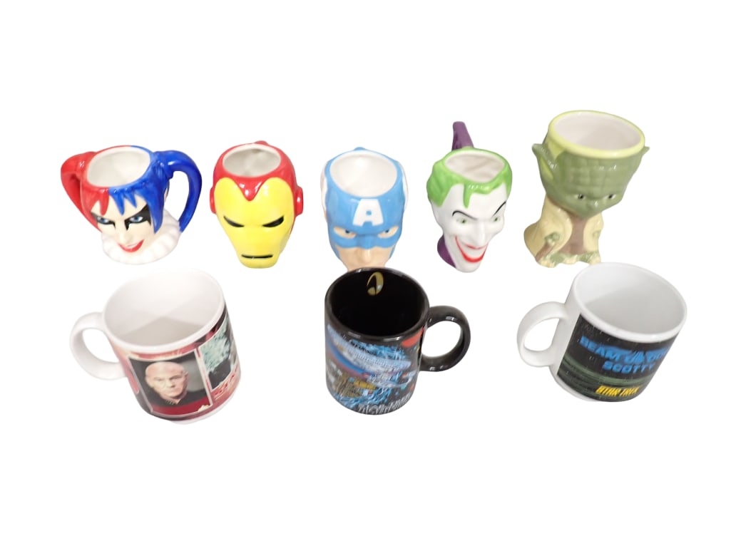 8 Mugs incl Star Wars Yoda, Star Trek, Batman The Joker, Iron Man, Harley Quinn,: Lot of 8 Mugs incl Star Wars Yoda, Star Trek, Batman The Joker, Iron Man, Harley Quinn, Captain America, etc. Includes sculpted head or face mugs or cups. All pictures are considered part of the descr