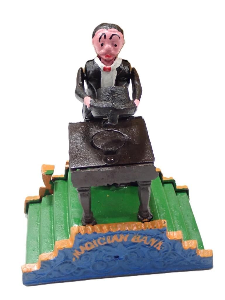 Magician Cast Iron Mechanical Bank: Magician Cast Iron Mechanical Bank 6x5x4" Live Auctioneers is now offering Live Shipping through them. This is an optional payment/shipping system. If you would like to use the UPS Store as usual, ple