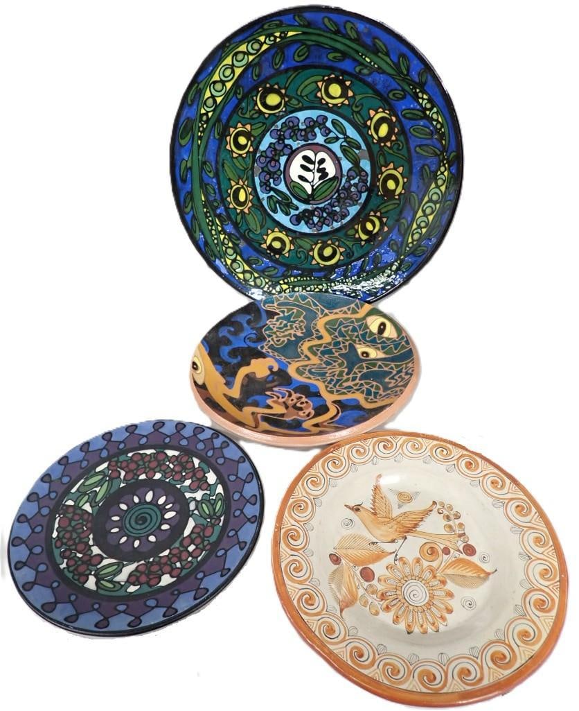 Lot of 4 Large Colorful Art Pottery Plates including Signed (1 of 10)