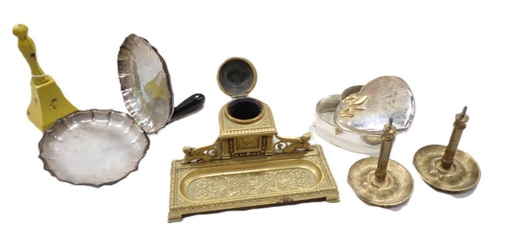 Misc. Vintage Lot including Brass Inkwell, Bell, Silverplate Silent Butler, trinket box, etc. (1 of 12)
