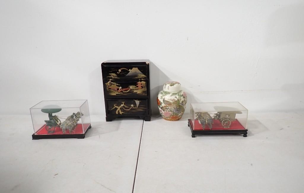 Asian Style Lacquered Jewelry Drawer, Horse and Carriage Displays, and Ginger Jar: Asian Style Lacquered Jewelry Drawer, Horse and Carriage Displays, and Ginger Jar Live Auctioneers is now offering Live Shipping through them. This is an optional payment/shipping system. If you would