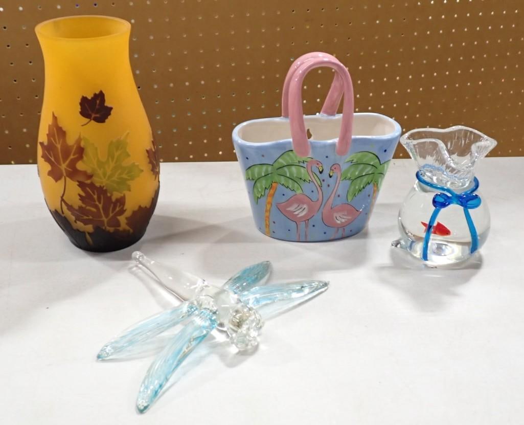 Misc Lot including Autumn Design Glass Vase, Art Glass Fish Bowl, Anne Ormsby Ceramic Planter, (1 of 7)