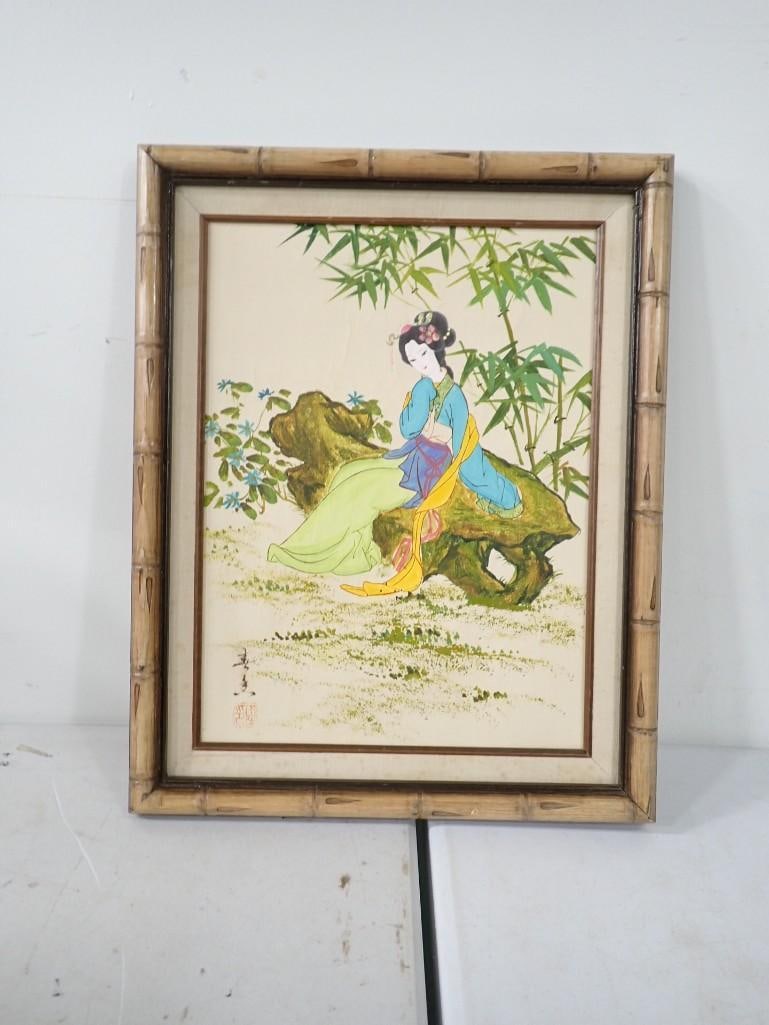 Bambo and Wood Framed Asian Style Geisha Painting - Signed with Asian Stamp: Bambo and Wood Framed Asian Style Geisha Painting - Signed with Asian Stamp 20x15x1" Live Auctioneers is now offering Live Shipping through them. This is an optional payment/shipping system. If yo