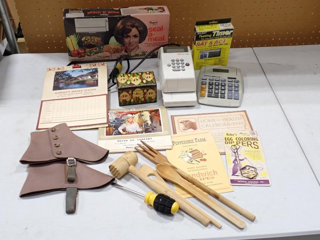 Misc Lot incl Spats, Vintage Calendars, Seal a Meal, Silent Testing Timer, Calculator, Ephemera, etc (1 of 17)