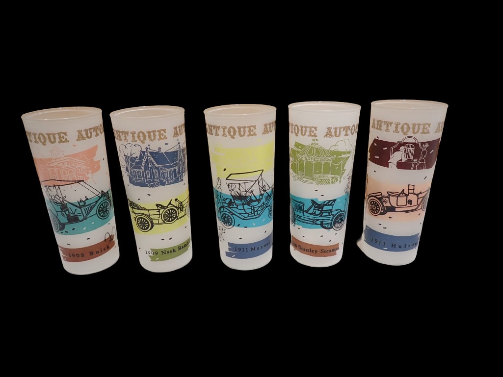 Set of 5 Antique Autos Frost Glass Tumblers Drinking Glasses (1 of 4)
