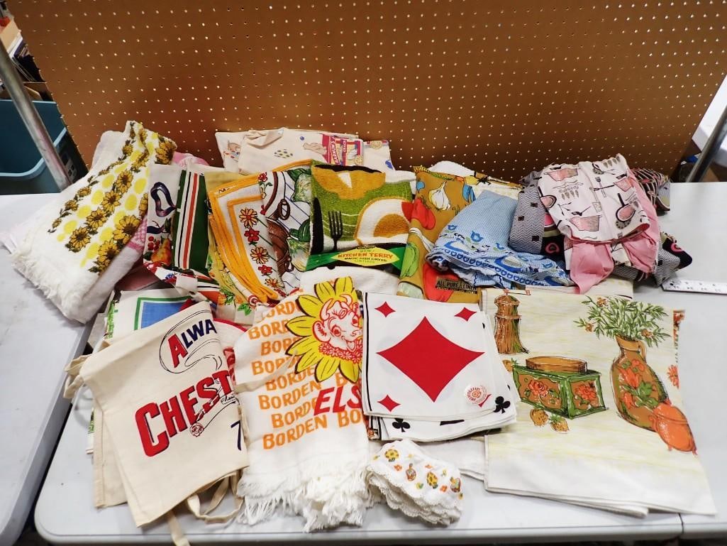 Vintage Kitchen Towels, Linens, Apron, etc incl Borden Elsie the Cow, Chesterfield Cigarettes Apron, (1 of 15)