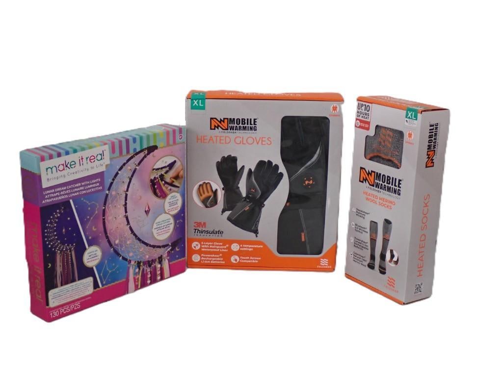 Mobile Warming Heated Gloves and Wool Socks Sizes XL, plus a Lunar Dream Catcher New in Box: Mobile Warming Heated Gloves and Wool Socks Sizes XL, plus a Lunar Dream Catcher New in Box All pictures are considered part of the description and should be examined carefully by bidders. Live Auctio