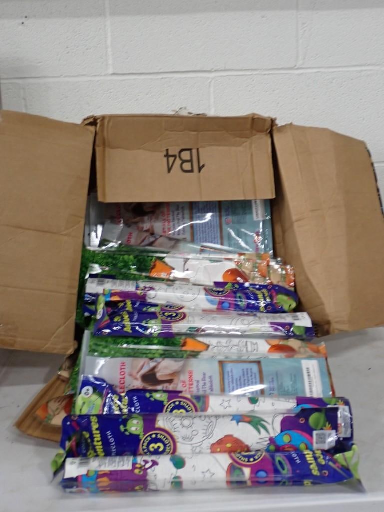 Box full of Happy Harvest and Space Adventure Coloring Tablecloths for kids - all new in packages (1 of 4)