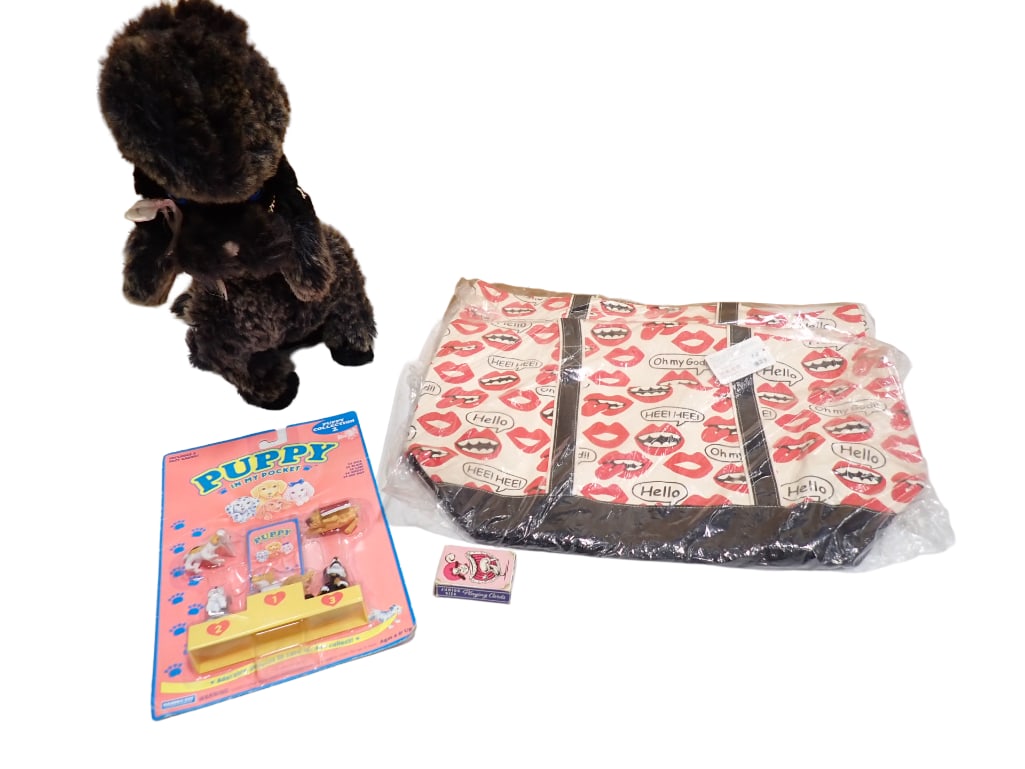 Toys incl Vintage Rushton Plush Poodle, Puppy in my Pocket Playset New on Card, Vintage Poodle Playi: Toys incl Vintage Rushton Plush Poodle, Puppy in my Pocket Playset New on Card, Vintage Poodle Playing Cards, 2 Tote Bags with Lips design