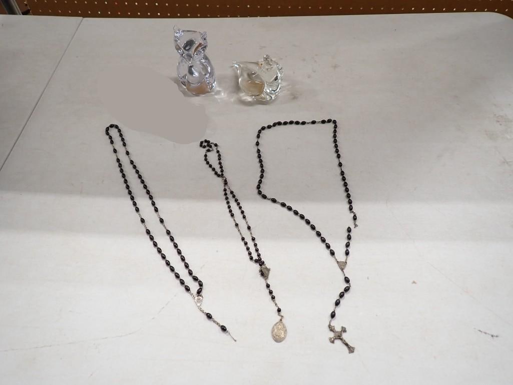 Misc. Lot including Art Glass Owl, Bird, Rosaries (1 of 4)