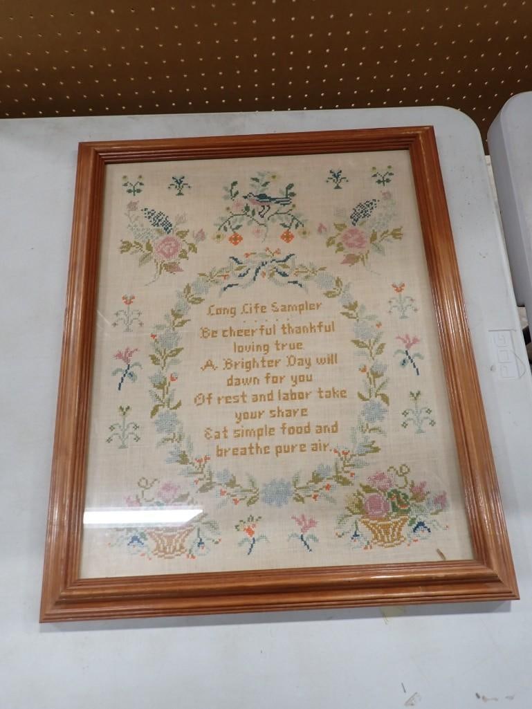 Vintage Framed Long Life Sampler Needlepoint - Measures roughly 22x18" (1 of 5)
