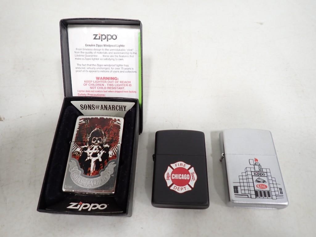 3 Zippo Lighters incl Sons of Anarchy, Chicago Fire Dept, Case (1 of 8)