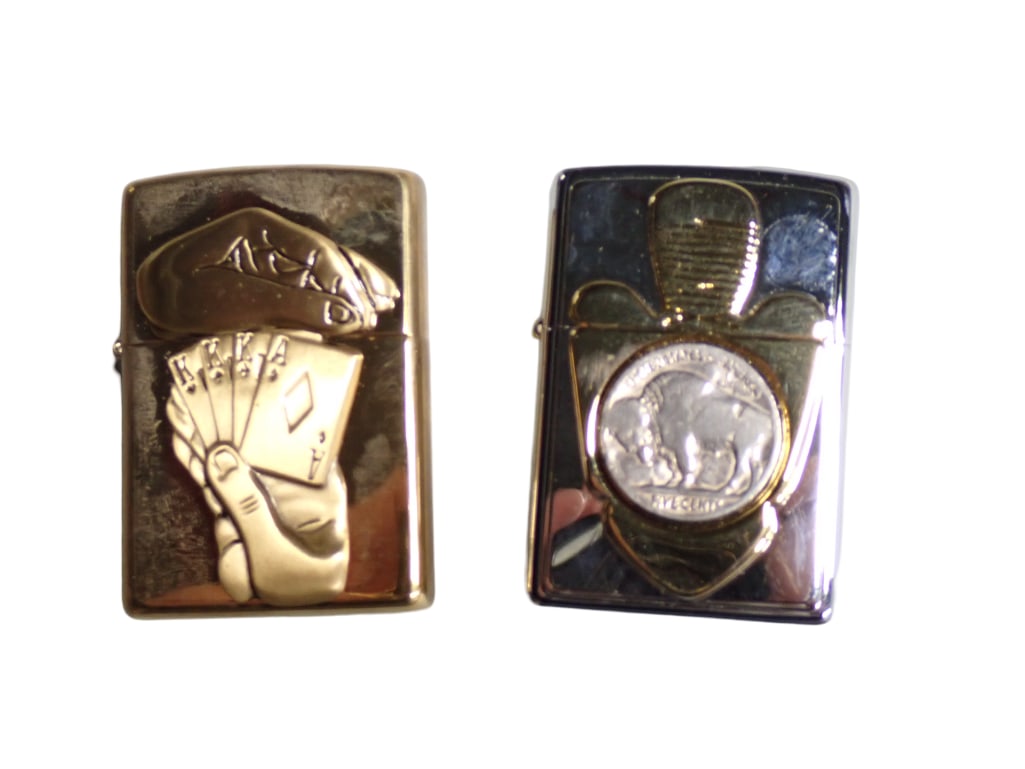 Zippo Barrett Smythe Full House Surprise Poker Hand Brass Lighter and New Zippo Buffalo Nickel Light (1 of 4)
