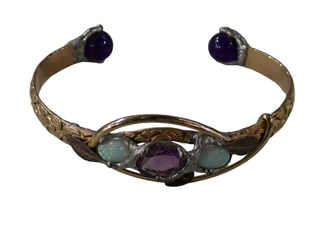 Modernist Amethyst and Opal Sterling Silver Cuff Bracelet 6" (1 of 3)