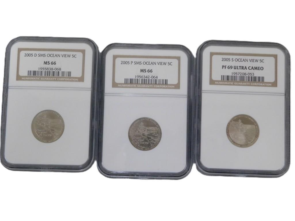 Lot of 3 NGC Graded Uncirculated 2005 Nickels: Lot of 3 NGC Graded Uncirculated 2005 Nickels All pictures are considered part of the description and should be examined carefully by bidders. Live Auctioneers is now offering Live Shipping through th