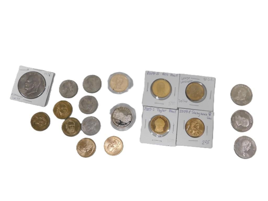 Assorted Coin Lot including Mount Rushmore Coin, $5 Liberia Coins, US Dollar Coins including Ike,: Assorted Coin Lot including Mount Rushmore Coin, $5 Liberia Coins, US Dollar Coins including Eisenhower, President, Sacagawea, Susan B. Anthony, etc.