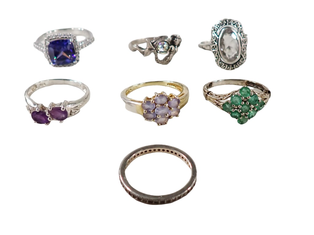 7 Sterling Silver Rings .925 with Gemstones incl Blue Sapphire, Green Amethyst, Rhodium, (1 of 20)