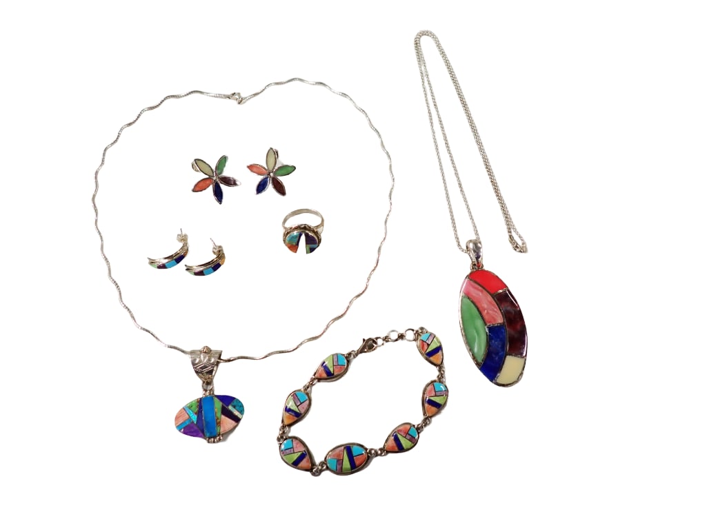 Sterling Silver Multi Stone Inlay Jewelry incl Calvin Begay Navajo Sterling Silver Multi Stone Link (1 of 18)