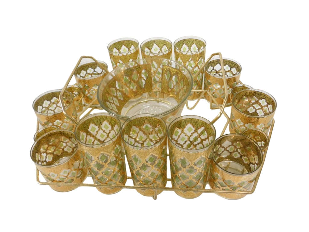 Vintage Culver Valencia Glass 22K Gold GIlt Barware Set with Metal Carrier - 18 pieces total (1 of 12)