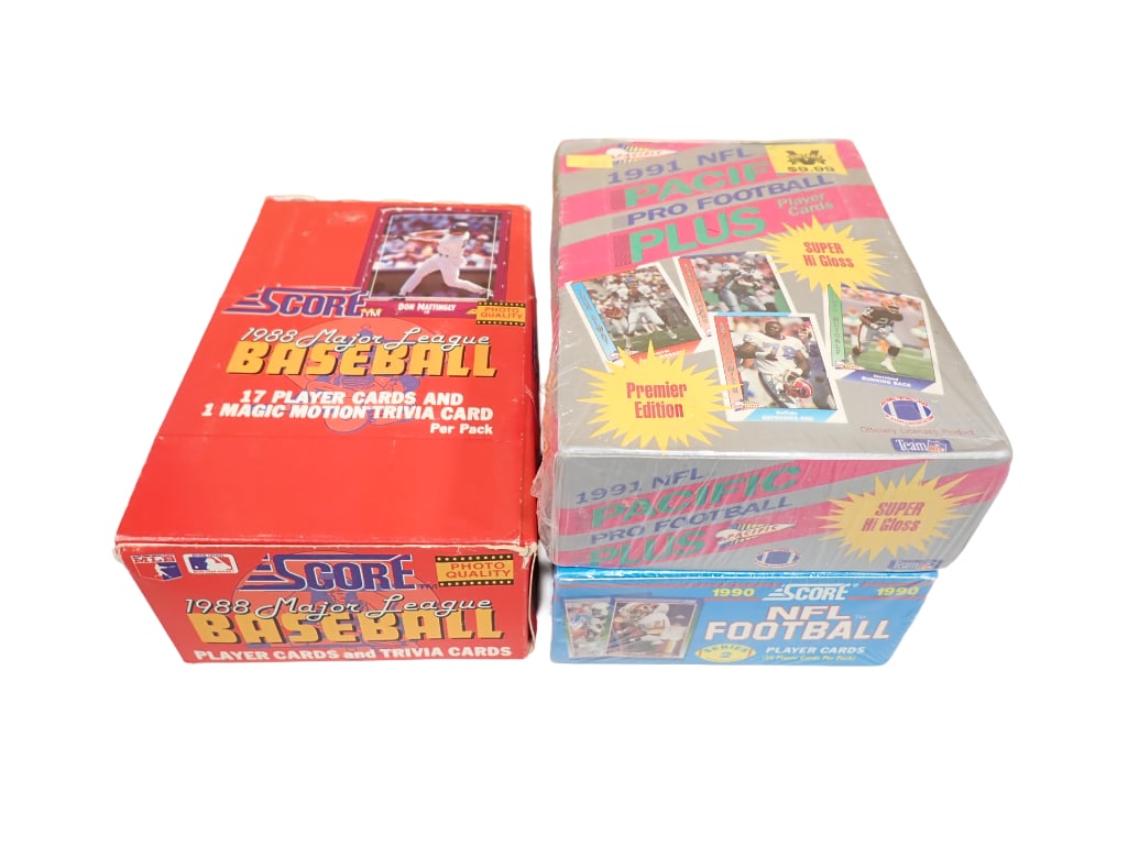 Sports Cards Lot including Sealed Box of 1991 Pacific Football Cards, Score 1988 Baseball, 1990 (1 of 9)