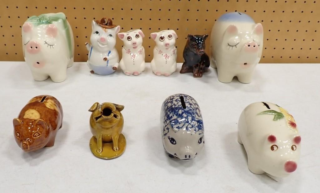 Lot of assorted Piggy Banks including Clay City Pottery, Japan, Takakashi, American Bisque, Jay (1 of 9)