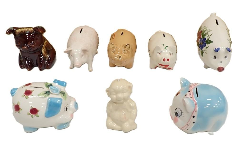 Assorted Piggy Bank lot including Wales, Portugal, Otagiri Japan, Hull, etc.: Assorted Piggy Bank lot including Wales, Portugal, Otagiri Japan, Hull, etc. 6x6x4" All pictures are considered part of the description and should be examined carefully by bidders. Live Auctioneer