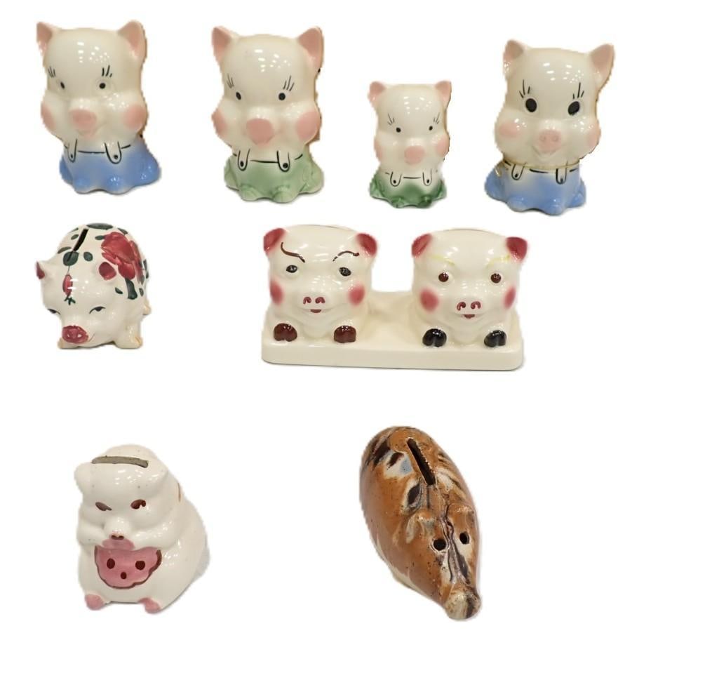 Lot of assorted Piggy Banks including American Bisque, Occupied Japan, etc.: Lot of assorted Piggy Banks including American Bisque, Occupied Japan, etc. 7x6x5" All pictures are considered part of the description and should be examined carefully by bidders. Live Auctioneer