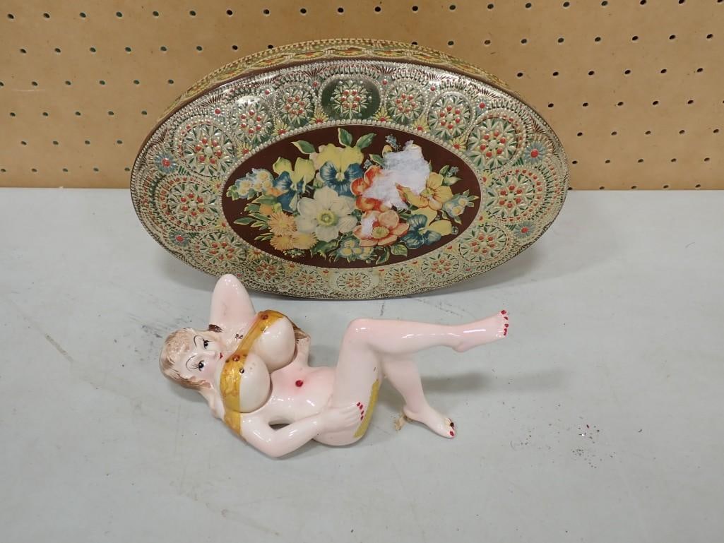 Vintage Nudie Lady Salt and Pepper Shakers and a Vintage Tin: Vintage Nudie Lady Salt and Pepper Shakers and a Vintage Tin .? Tin has some dings and wear All pictures are considered part of the description and should be examined carefully by bidders. Live Auctio
