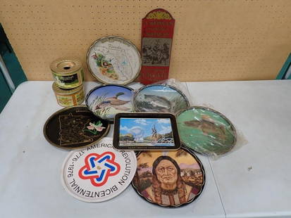 Vintage Metal Trays, etc incl Fishing, Bicentennial, Native American, Mallard Duck, Walt Disney Worl: Vintage Metal Trays, etc incl Fishing, Bicentennial, Native American, Mallard Duck, Walt Disney World, "A Woman is only a woman, but a good cigar is a smoke" sign, Vintage Ranelagh Virginia Ci