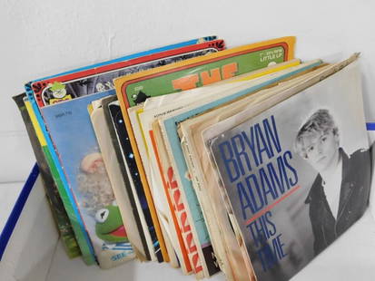 Vinyl 45 RPM Records including Bryan Adams, Steve Martin, 3 Stooges, Puff the Magic Dragon, Walt Dis: Vinyl 45 RPM Records including Bryan Adams, Steve Martin, 3 Stooges, Puff the Magic Dragon, Walt Disney, The Muppets, etc. 7x7x1" All pictures are considered part of the description and should be