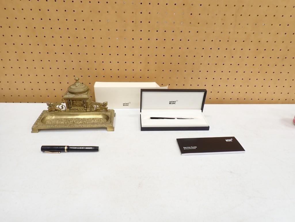 Vintage Brass Inkwell and Mont Blanc  Pen, etc. (1 of 8)