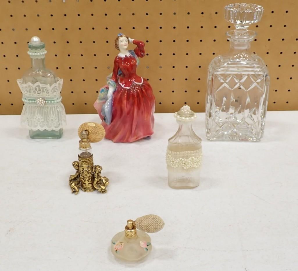 Misc. Lot including Royal Douton Blithe Morning Porcelain Lady, Crystal Decanter, Atomizers, Bottles (1 of 14)