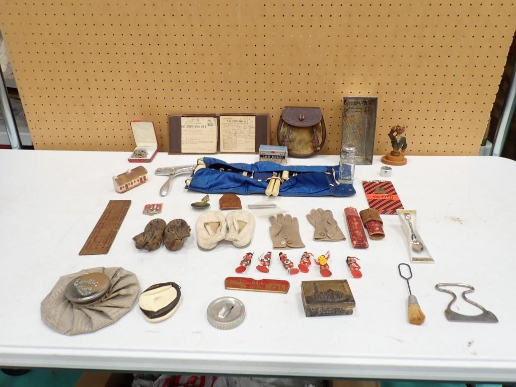 Vintage Lot including Smalls, Figurines, Tins, Utensils, Soldiers, Ice Bag Pack, etc.: Vintage Lot including Smalls, Figurines, Tins, Utensils, Soldiers, Ice Bag Pack, etc. 10x10x3" All pictures are considered part of the description and should be examined carefully by bidders. Live
