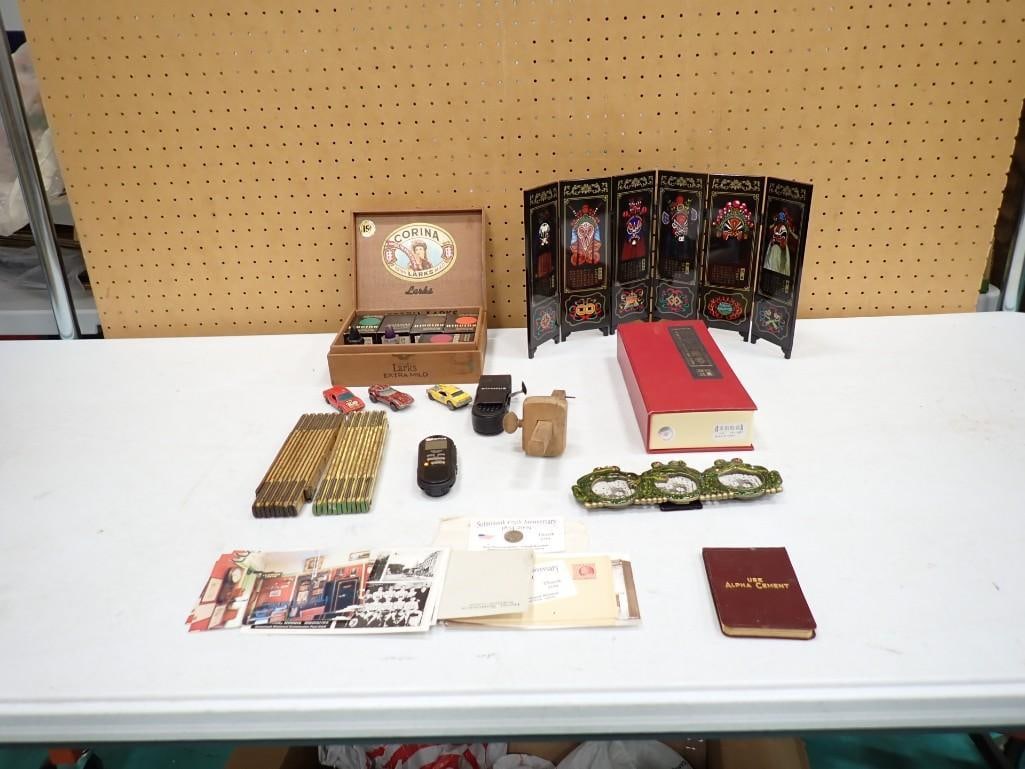 Collectibles / Smalls Lot including Rulers, Die-Cast Cars, Mini Asian Style Wood Folding Panel: Collectibles / Smalls Lot including Rulers, Die-Cast Cars, Mini Asian Style Wood Folding Panel, Ink Bottles, Ephemera, etc. 8x6x4" All pictures are considered part of the description and should be