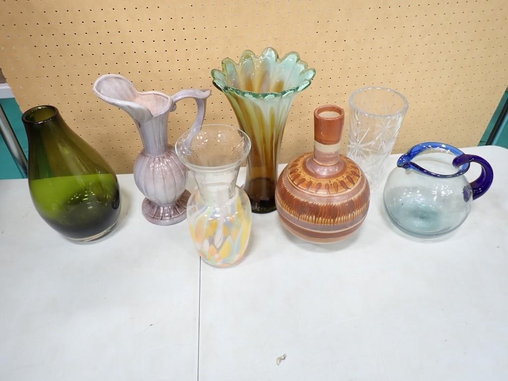 Glass and Pottery Vases, etc incl Southwest Style Pottery Vase, Swung Vase, etc (1 of 20)