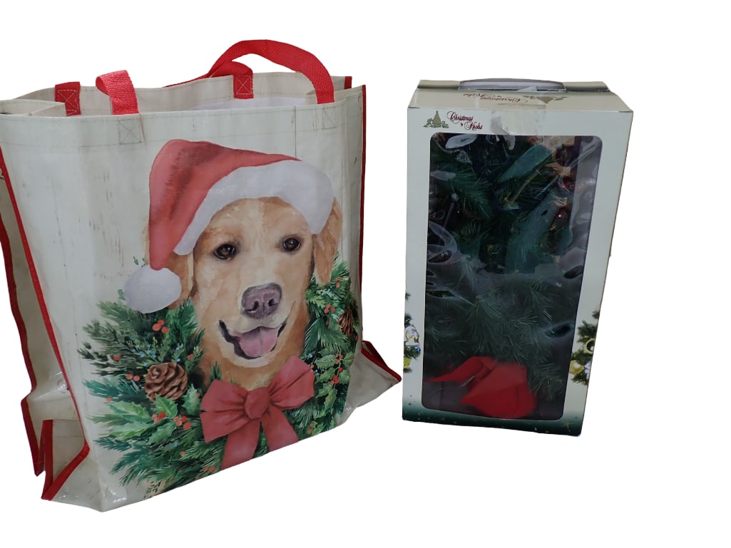 Christmas Decorations and a Christmas Dog Tote: Christmas Decorations and a Christmas Dog Tote All pictures are considered part of the description and should be examined carefully by bidders. Live Auctioneers is now offering Live Shipping through t