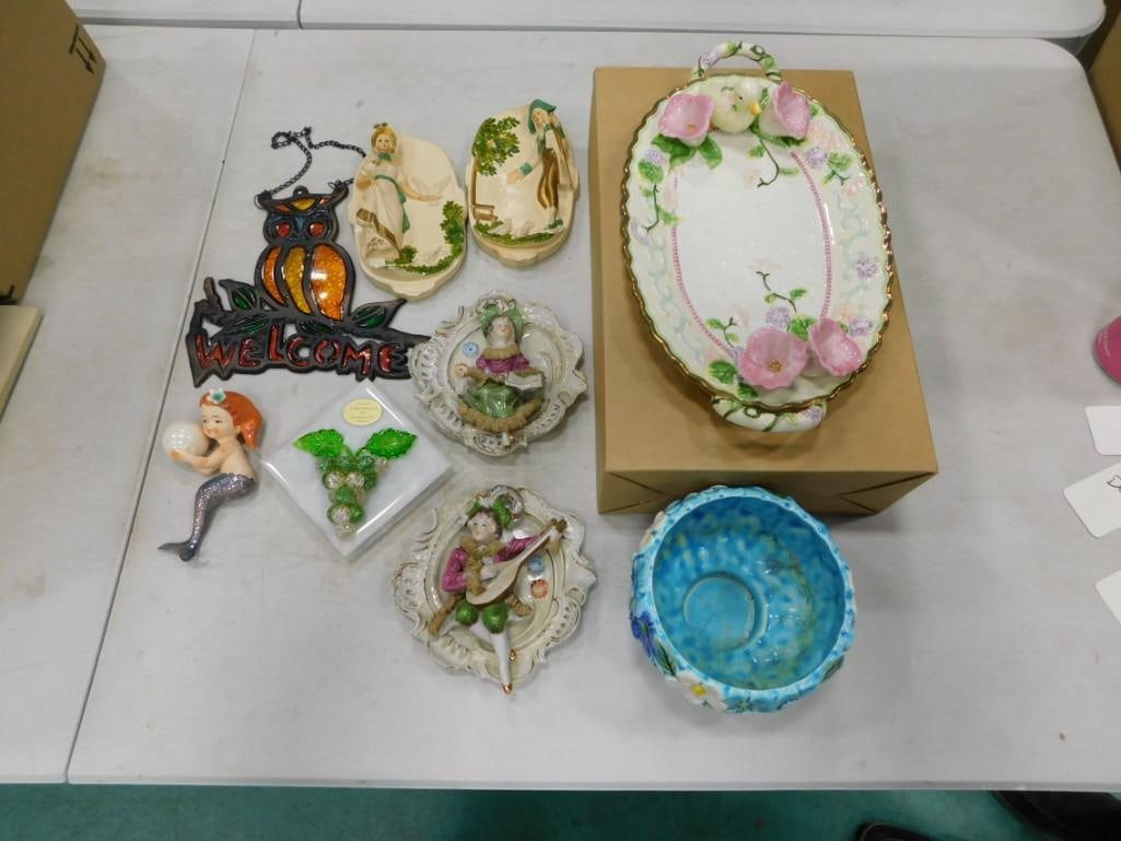 Misc. Lot including Owl Stained Glass Wall Hanging, Mermaid Figurine, Bowls, Plates, etc. (1 of 13)