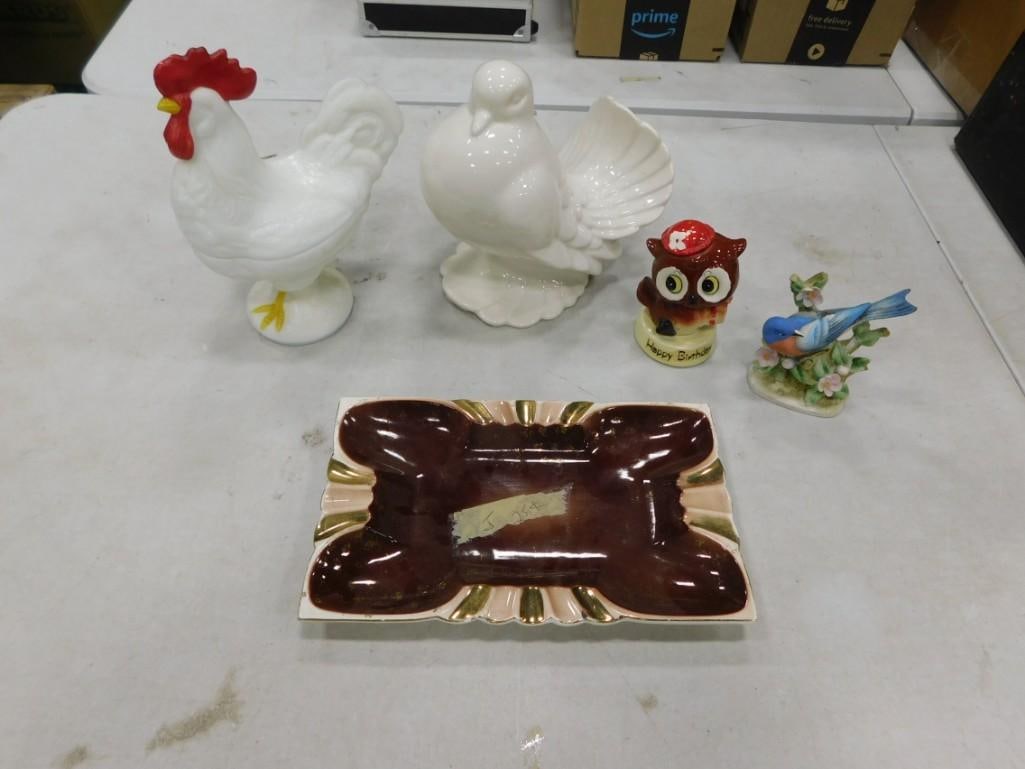 Collectibles Lot including Milk Glass Rooster, Happy Birthday Owl, MCM Ash Tray, etc.: Collectibles Lot including Milk Glass Rooster, Happy Birthday Owl, Mid Century Modern Ash Tray, etc. 8x5x4" All pictures are considered part of the description and should be examined carefully by 